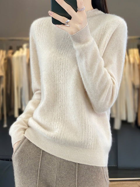 Women Autumn Solid Cable Knit 100%Wool Half Turtleneck Sweater