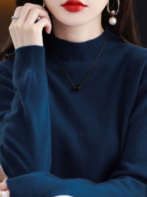 Women Autumn Half-Turtleneck 100%Wool Soft Sweater