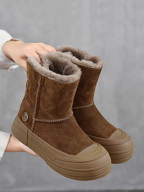 Women Winter Leather Spliced Fleece-lined Mid-Heel Snow Boots