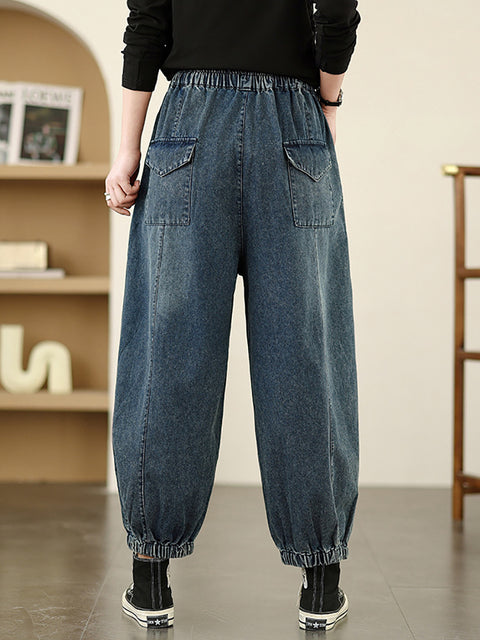 Women Spring Retro Patch Denim Harem Pants