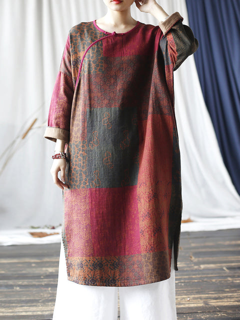 Women Vintage Spring Spliced Cotton Robe Dress