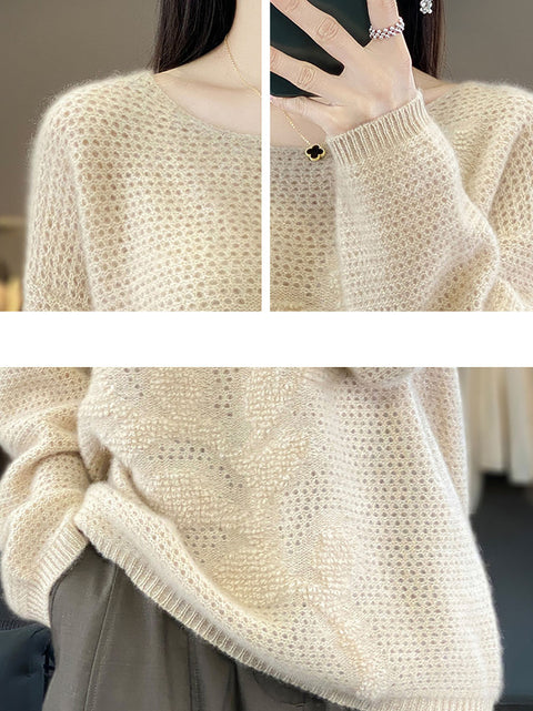 Women Autumn O-Neck Spliced Wool Warm Knit Sweater