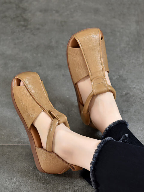 Women Summer Vintage Soft Leather Spliced Flat Sandals