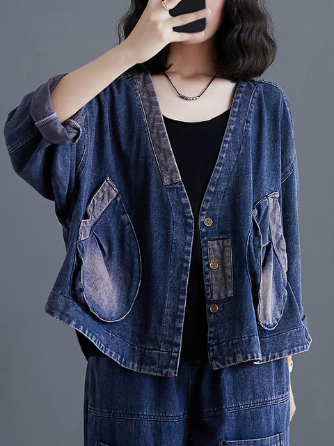 Women Retro Spring Spliced Big Pocket Denim Coat