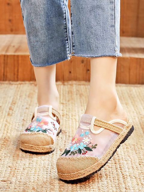 Women Summer Vintage Embroidery Linen Flat Shoes