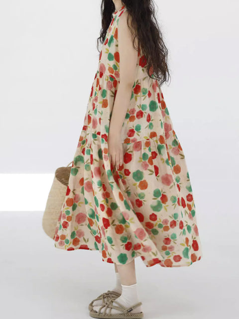 Plus Size Women Summer Cute Flower Spliced Pleat O-Neck Vest Dress