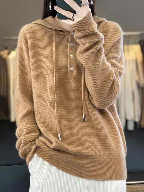 Women Autumn Soft Solid Knit 100%Wool Hooded Sweater