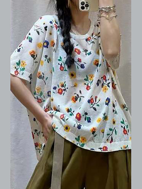 Women Casual Flower Summer Loose Pullover Shirt