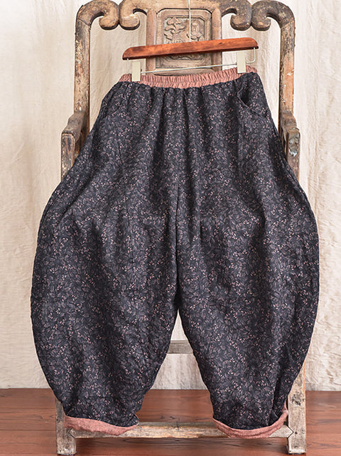 Linen Floral Pocket Elastic Waist Vintage Print Casual Pants