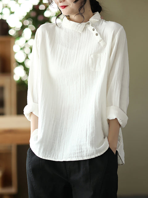 Plus Size Women Vintage Oblique Long Sleeve Cotton Shirt