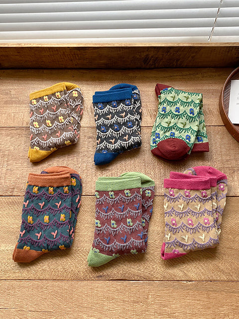 6 Pairs Women Japan Style Floral Jacquard Socks