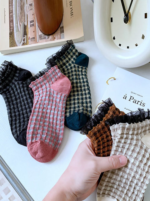 5 Pairs Women Vintage Solid Lattice Lace Socks