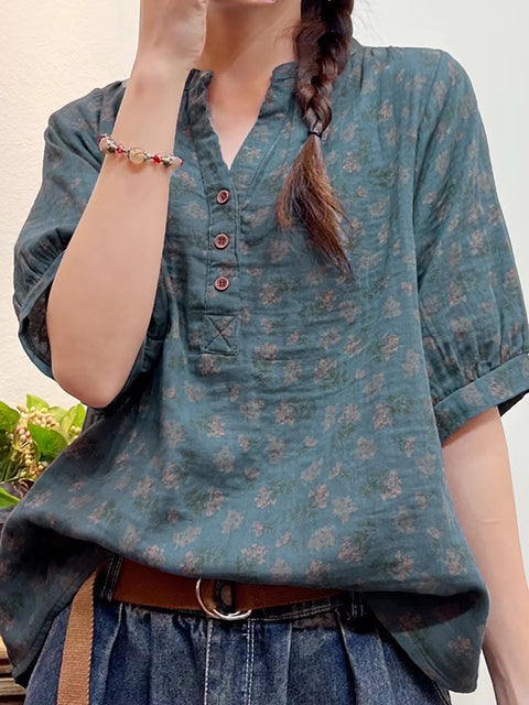 Plus Size Women Summer Artsy Floral Button Loose Shirt