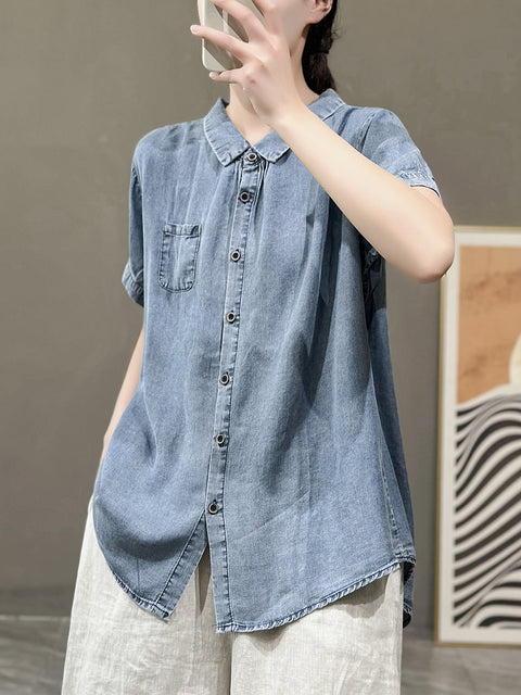 Plus Size Women Summer Solid Button Pocket Denim Shirt