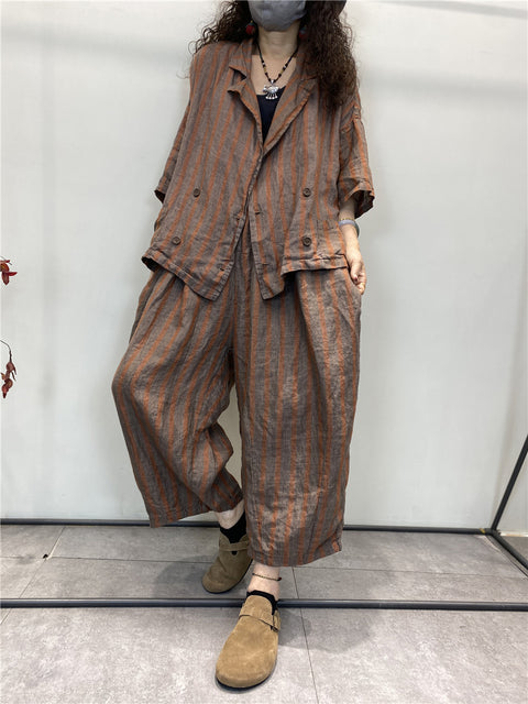 Plus Size Women Summer Retro Stripe Button Loose Linen Suits