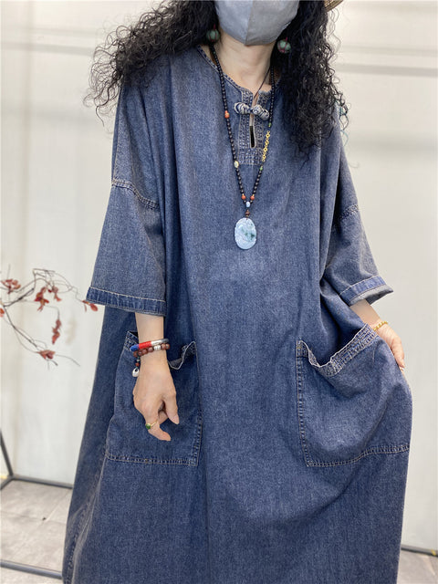 Women Summer Retro Pocket Loose Solid Denim Dress