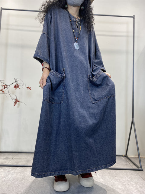 Women Summer Retro Pocket Loose Solid Denim Dress