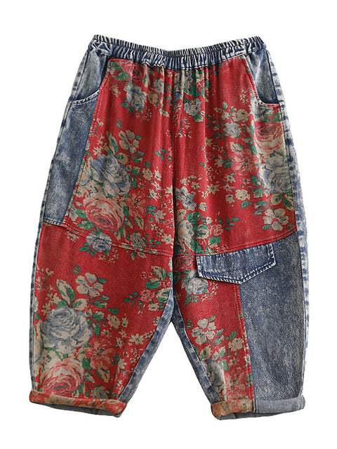 Plus Size Women Summer Vintage Floral Patch Spliced Harem Pants