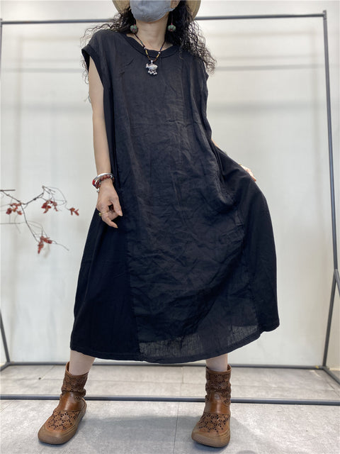 Plus Size Women Summer Vintage Spliced Loose Cotton Vest Dress