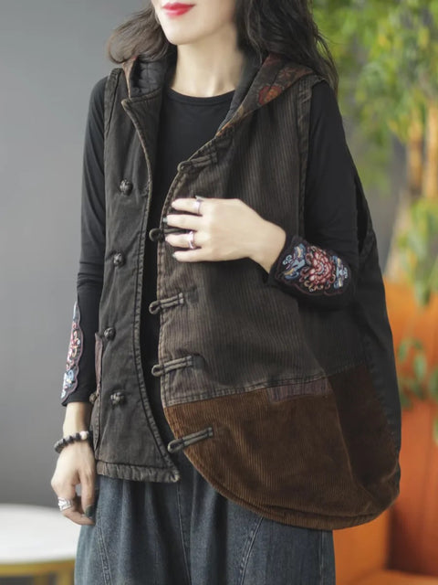 Women Autumn Retro Spliced Corduroy Hooded Vest Coat