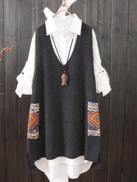 Women Ethnic V-Neck Loose Knitted Vest