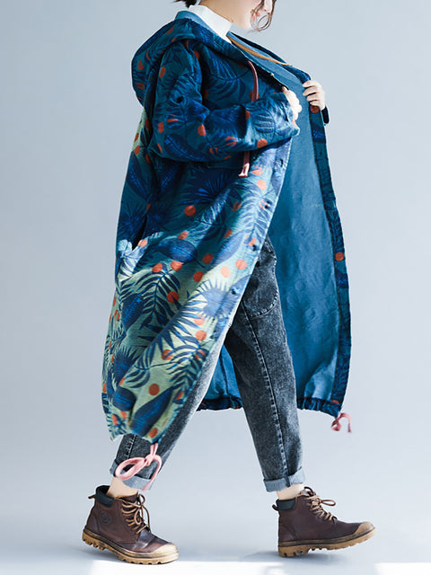 Women Artsy Leaf Gradual Print Denim Hooded Long Coat