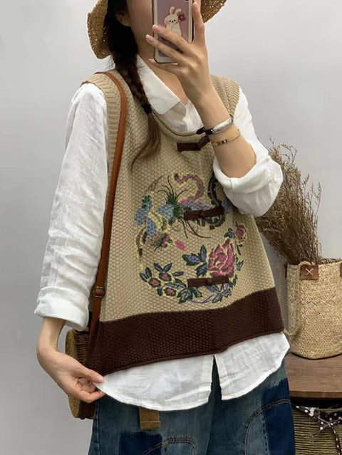 Women Retro Flower Print Colorblock Vest