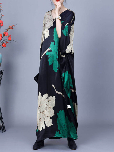 Women Spring Flower Print Irregular V-Neck Maxi Dress