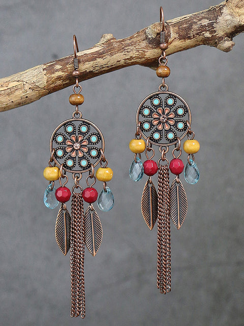 Bohemia Alloy Flower Bead Tassel Earrings