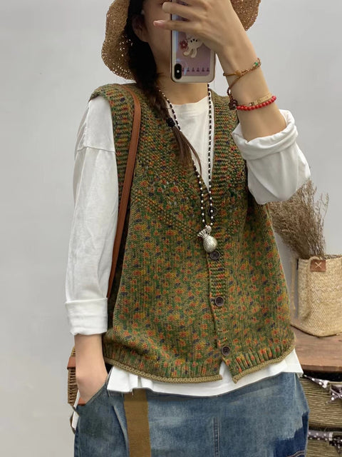 Women Spring Floral Artsy V-Neck Knitted Vest