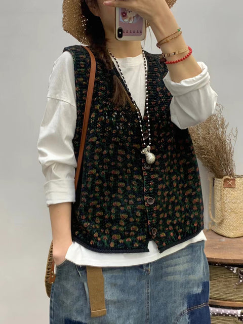 Women Spring Floral Artsy V-Neck Knitted Vest