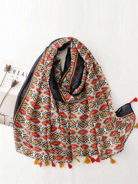 Women Ethnic Print Tassel Shawl Scarf