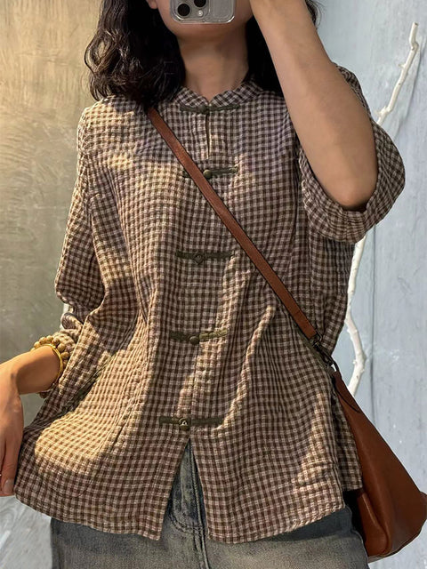 Plus Size Women Retro Plaid Summer Cotton Button-up Shirt