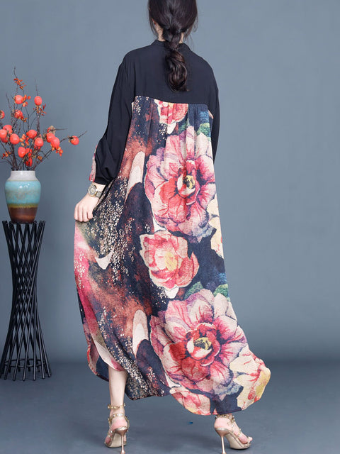 Women Summer Ethnic Flower Spliced Long Shirt Coat