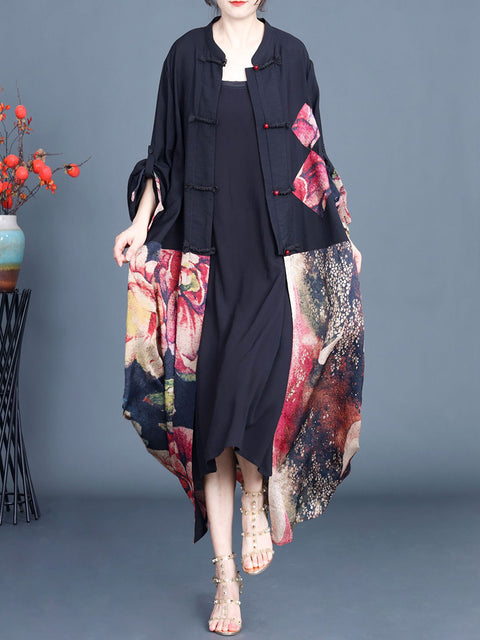 Women Summer Ethnic Flower Spliced Long Shirt Coat