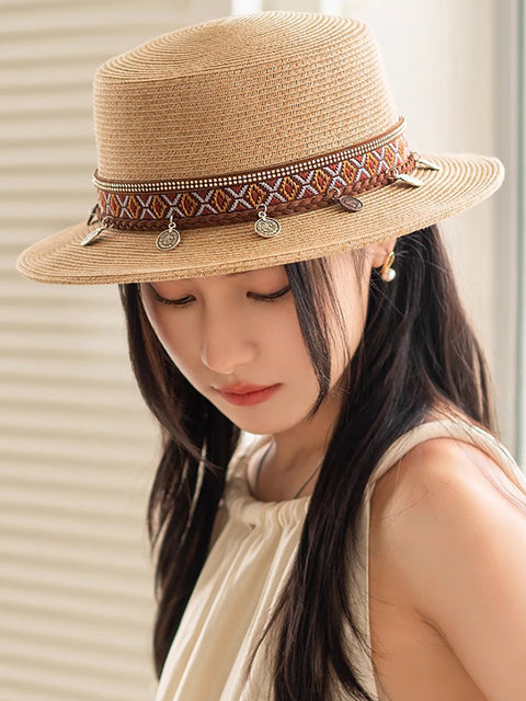 Women Summer Ethnic Straw Flat Top Travel Hat