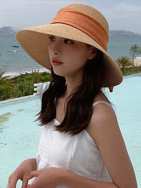 Women Summer Straw Colorblock Sunproof Travel Hat