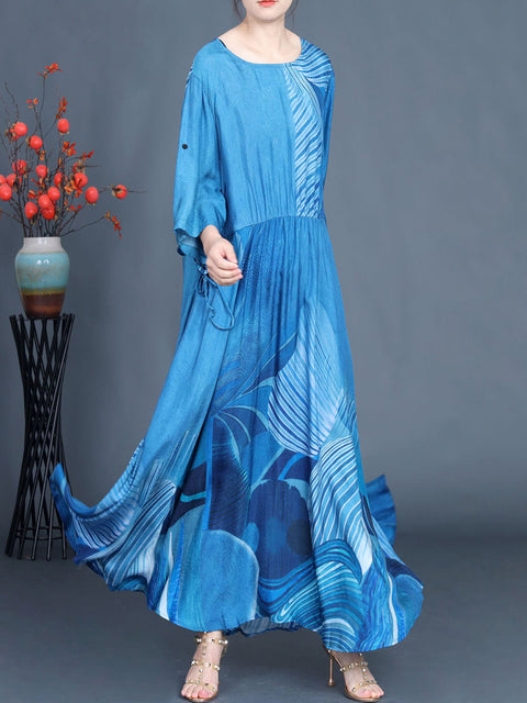 Women Summer Casual Print Blue O-Neck Maxi Dress