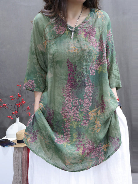 Plus Size Women Summer Vintage Flower V-Neck Ramie Long Shirt