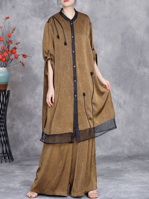 נשים קיץ Artsy Spliced Loose Button-Up חולצה+מכנסיים