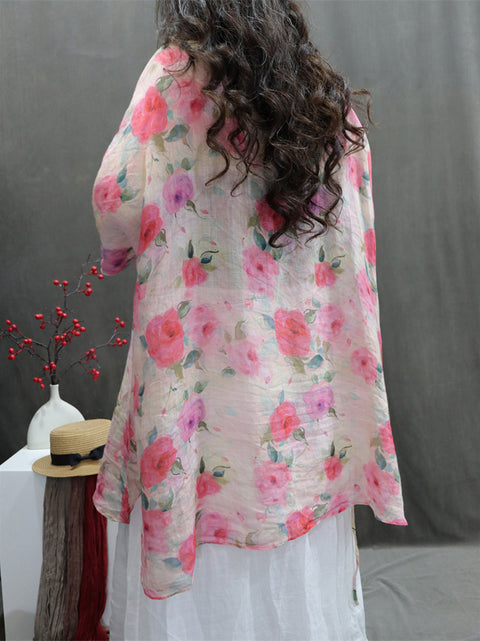 Women Artsy Flower Button 100%Ramie Loose Shirt