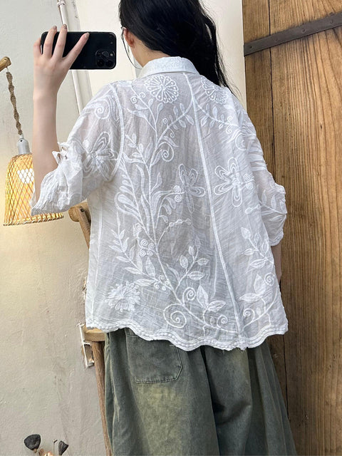 Women Artsy Flower Embroidery Turn-down Collar Shirt