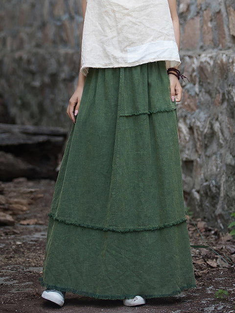 Women Summer Retro Solid Raw-edge Skirt