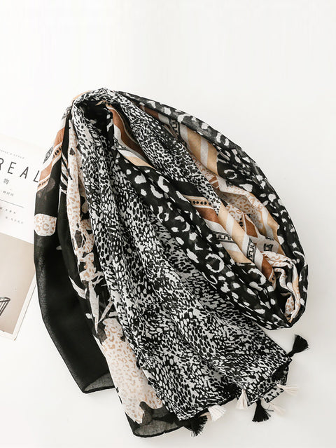 Women Flower Leopard Print Spliced Tassel Scarf