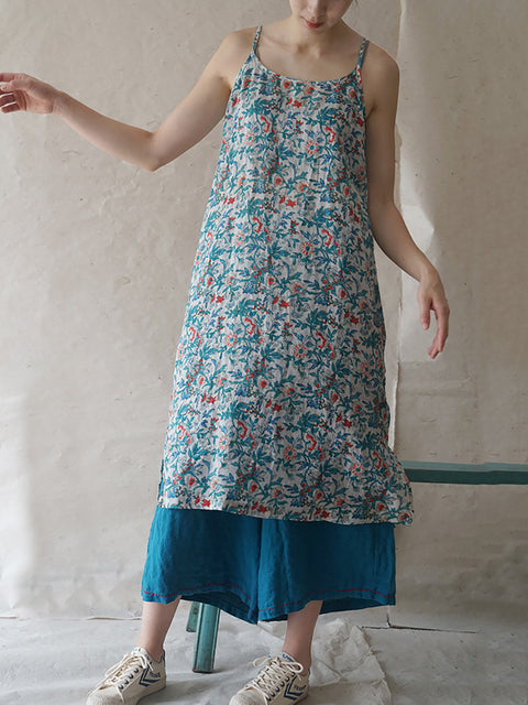 Women Summer Vintage Floral Ramie Vest Dress