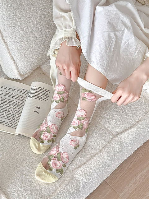 3 Pairs Women Artsy Thin Flower  Lace Socks