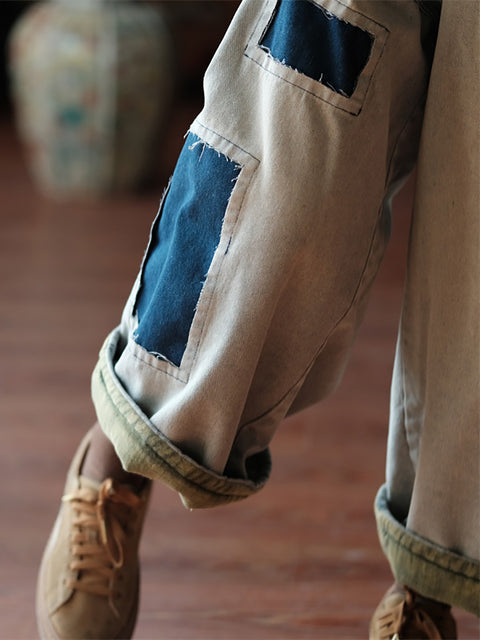 Women Vintage Patch Spliced Denim Harem Pants