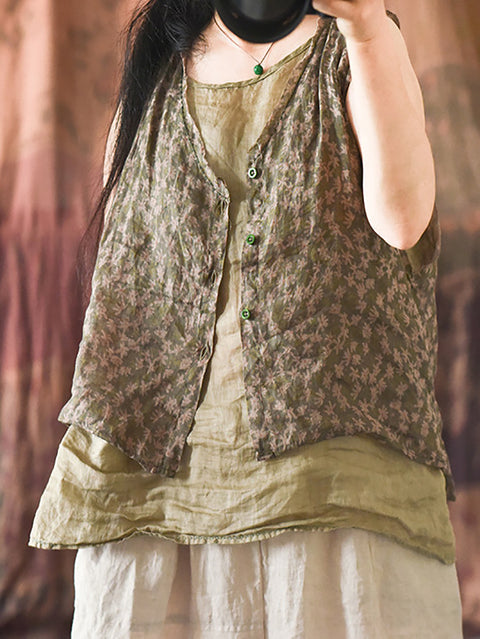 נשים Artsy פרחוני קיץ Ramie V-Neck Vest