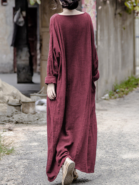 Women Casual Autumn Solid O-Neck Cotton Linen Dress