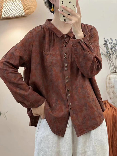 Women Vintage Autumn Flower Button-up Cotton Blouse